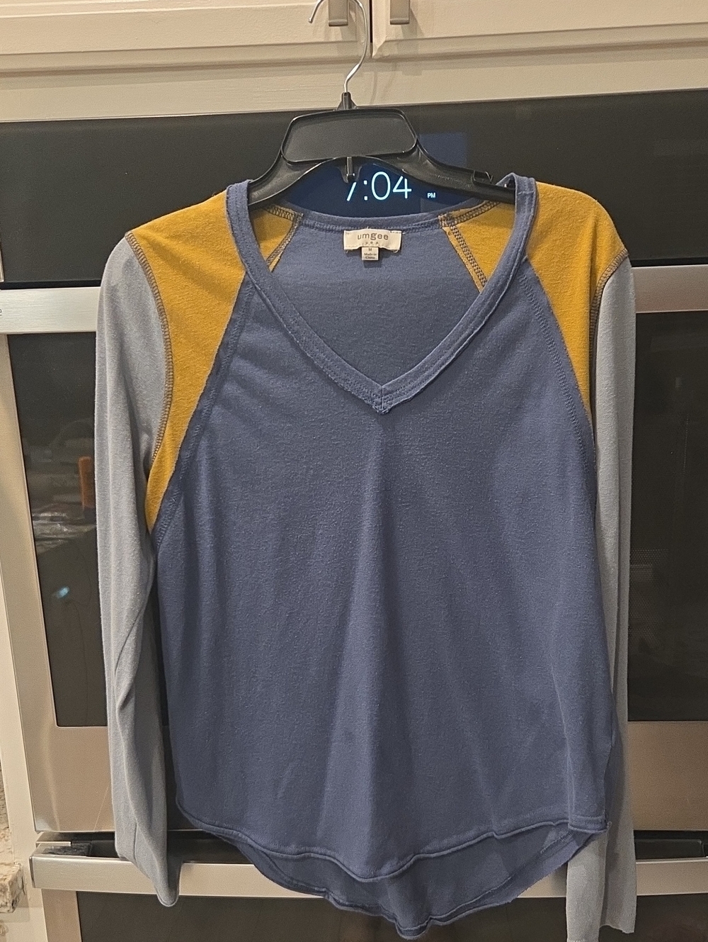 Umgee Blue V-Neck Raglan Long Sleeve Top with Mustard Accents